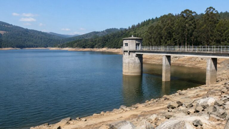 Embalse con el nivel de agua reducido durante la prealerta por sequía en Vigo