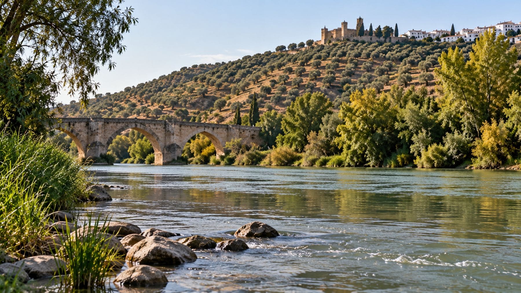 Aguas del río Guadalquivir atravesando un paisaje de vegetación y olivares en Andalucía