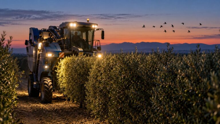 Cosechadora trabajando al anochecer en un olivar mientras varias aves sobrevuelan la zona