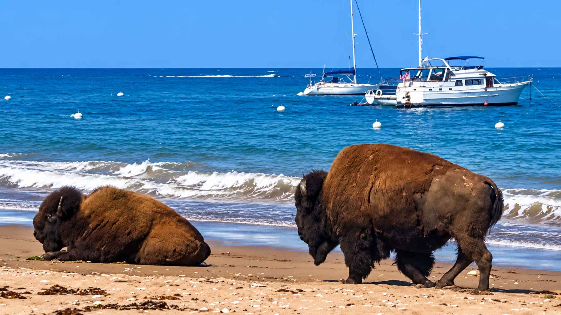 Dos bisontes americanos caminando por una playa de la isla Catalina, California