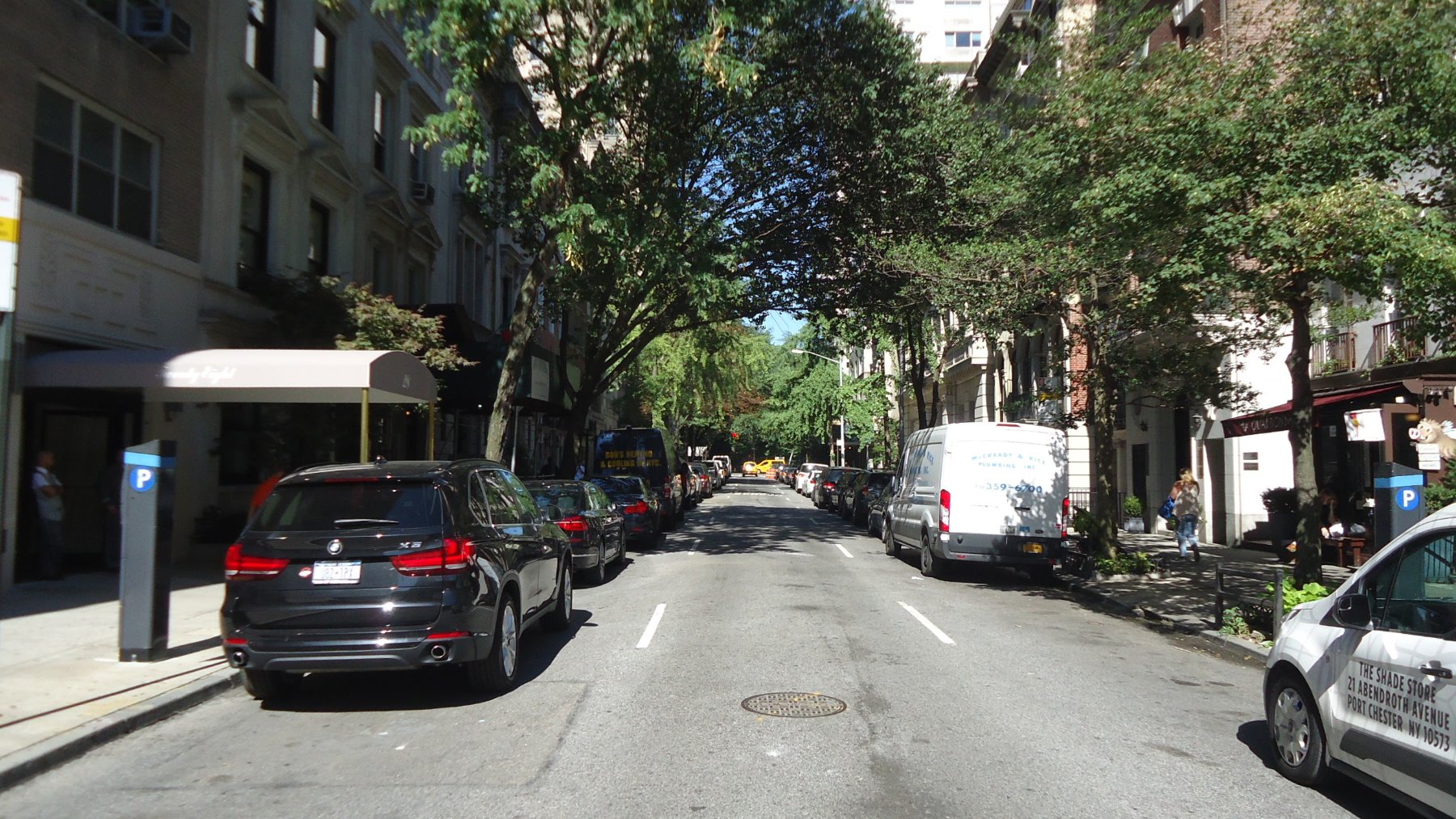 Calle de Manhattan con árboles a ambos lados y coches aparcados
