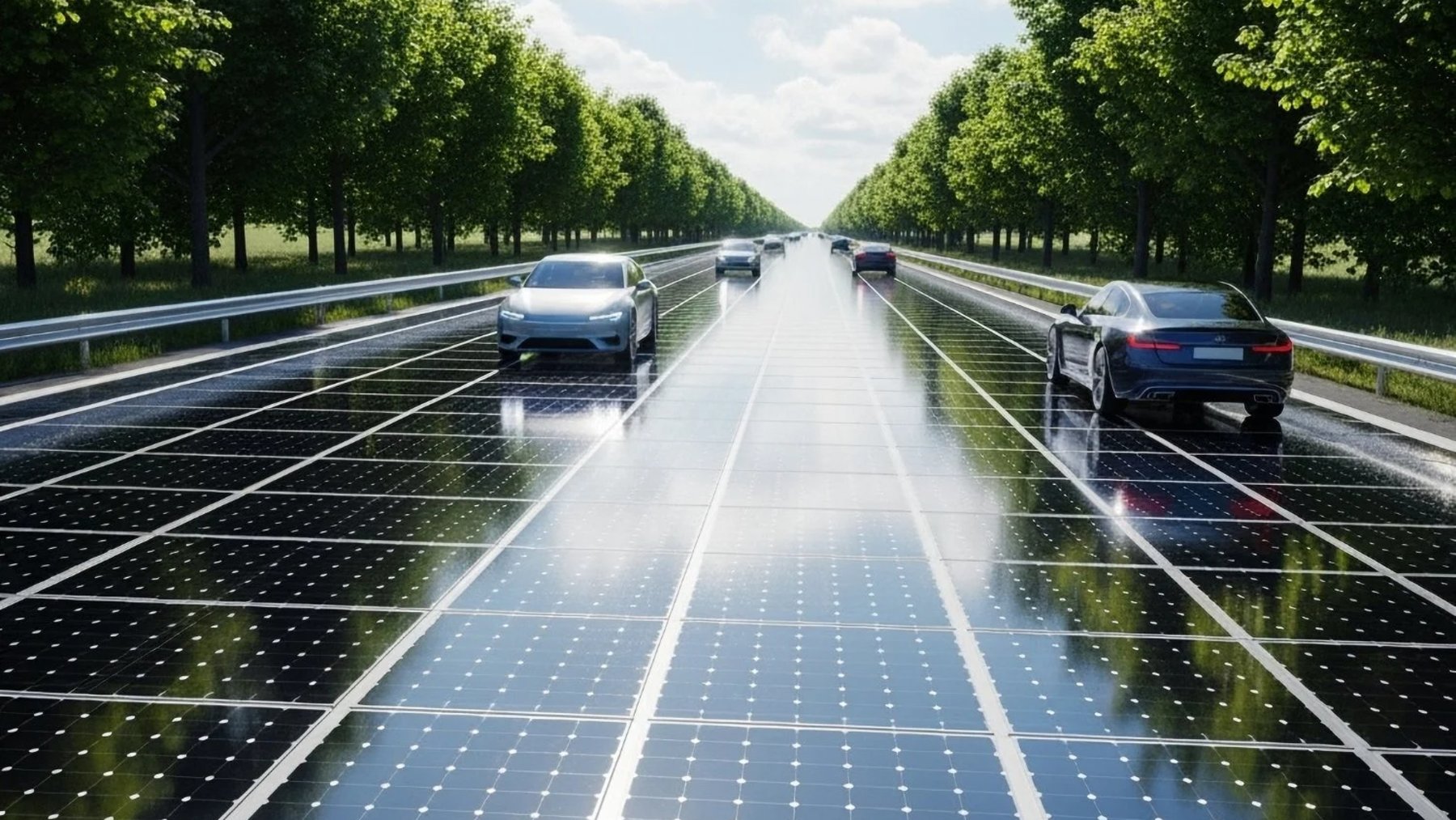 Carretera con paneles solares en el asfalto por la que circulan coches