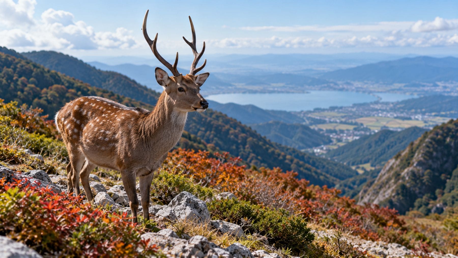 Ciervo sika en una zona montañosa de Japón rodeada de vegetación