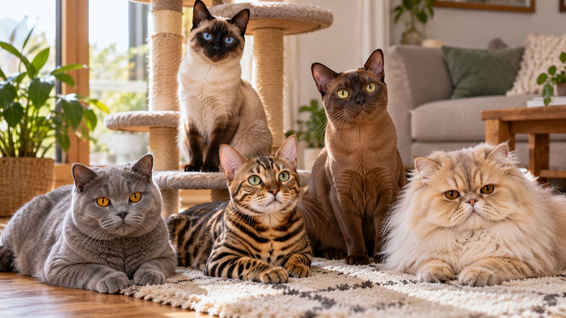 Cinco gatos de distintas razas juntos en el salón de una vivienda