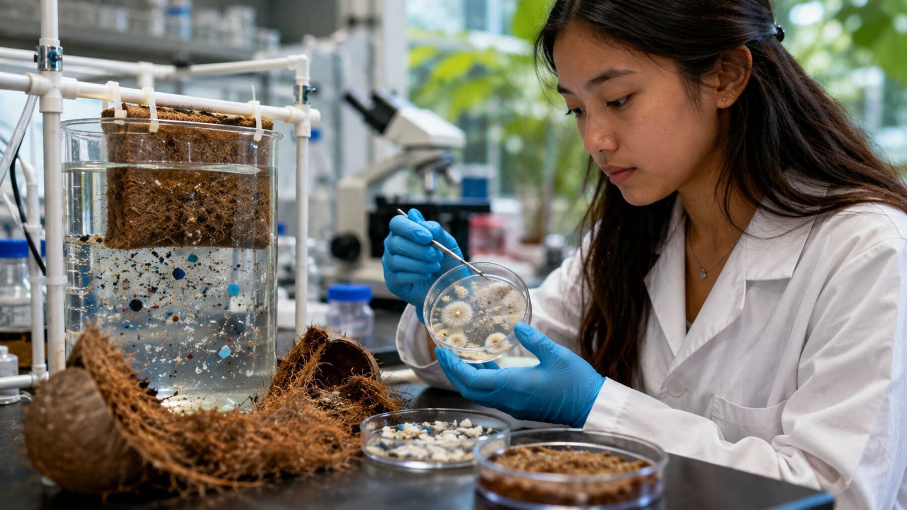 Estudiante investigando hongos de la fibra de coco para degradar microplásticos