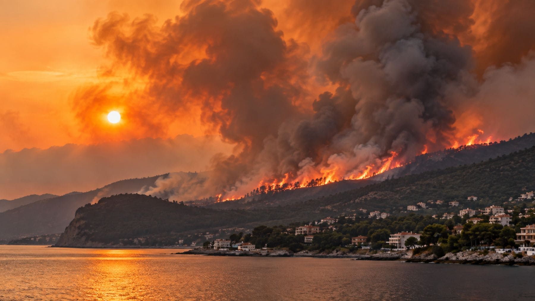 Gran incendio forestal avanzando por una zona montañosa junto a una población costera