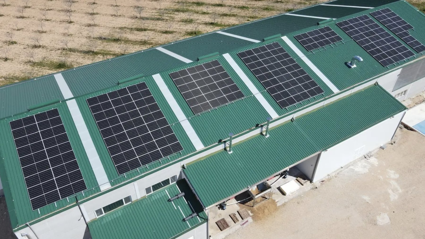 Paneles solares sobre la cubierta de una planta de procesado de pistachos