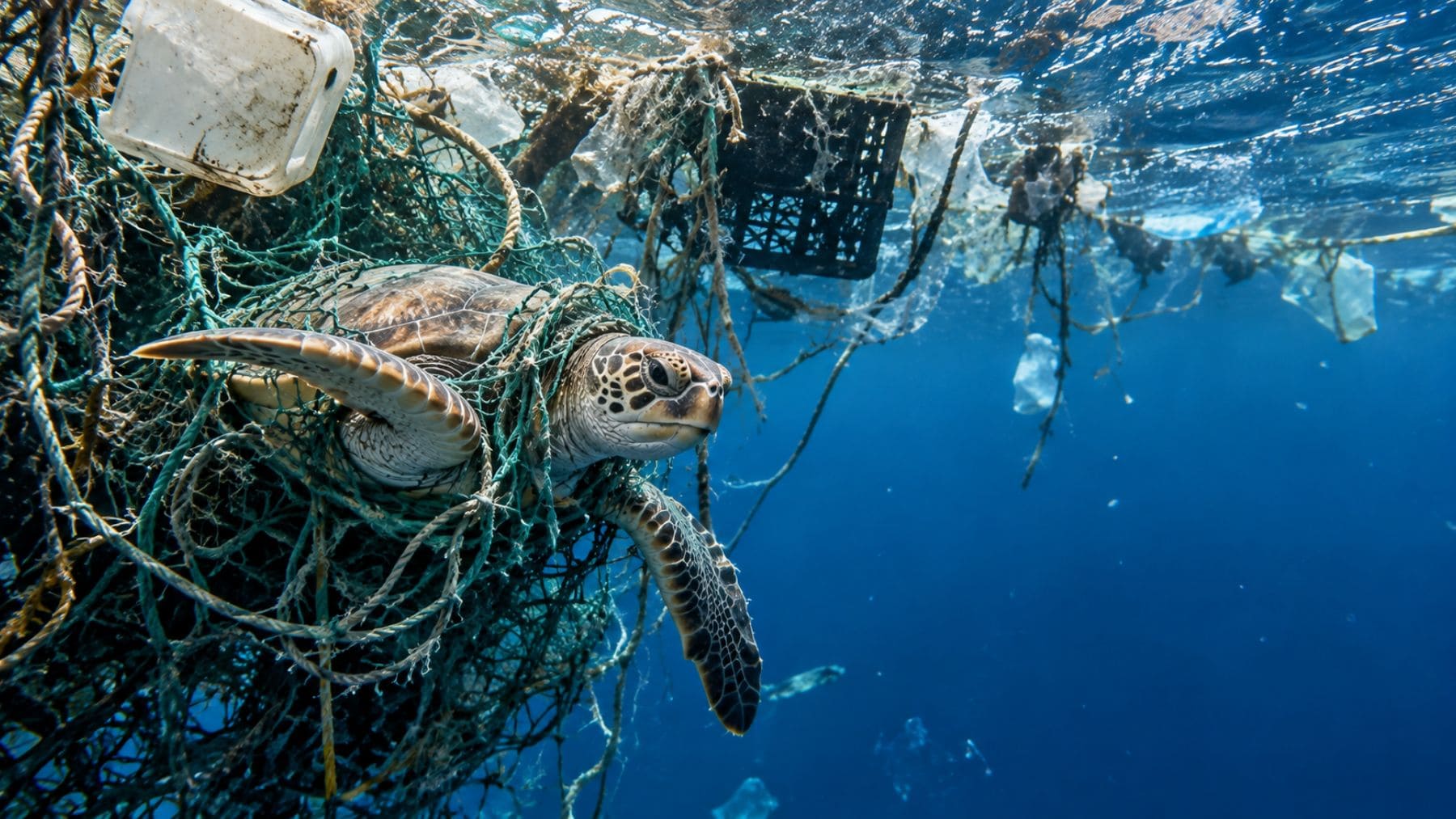 Tortuga marina atrapada entre redes de pesca y residuos de plástico flotando en el océano
