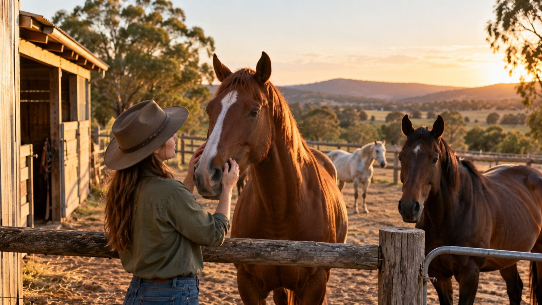 Voluntaria cuidando un caballo en una granja rural de Australia al atardecer