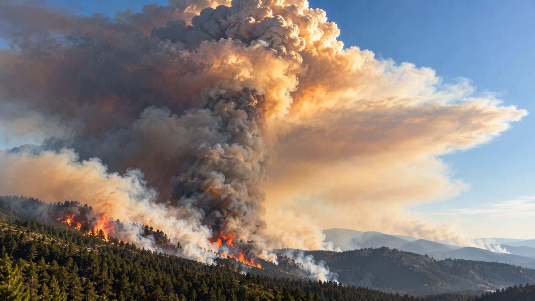 Gran incendio forestal generando una enorme columna de humo que asciende hacia la atmósfera