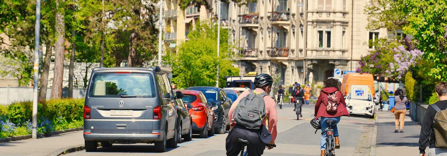 Ciclistas en una calle arbolada de la ciudad