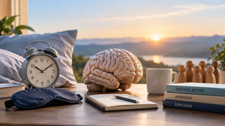 Cerebro junto a elementos relacionados con el sueño, el aprendizaje y las relaciones sociales