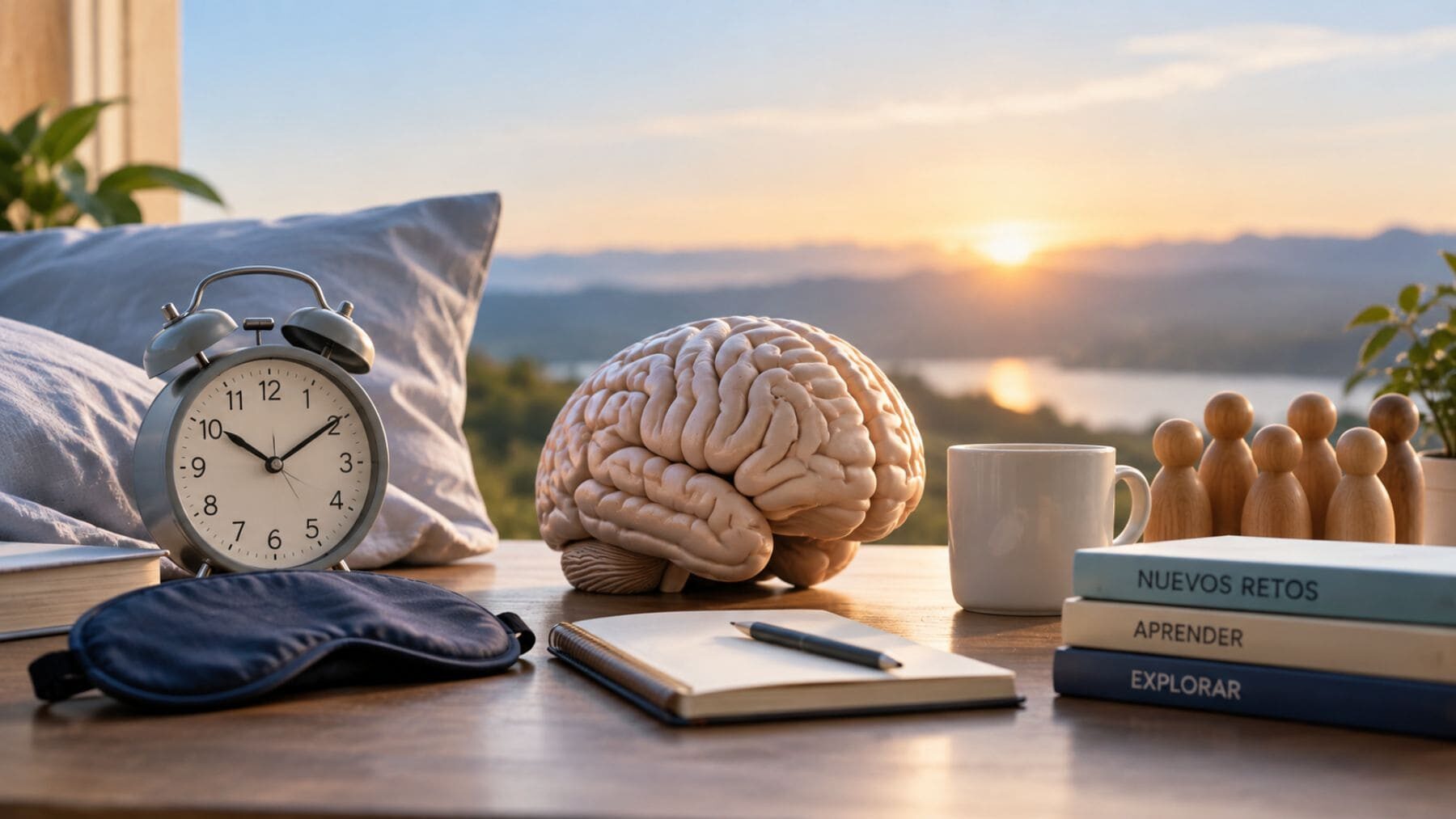 Cerebro junto a elementos relacionados con el sueño, el aprendizaje y las relaciones sociales