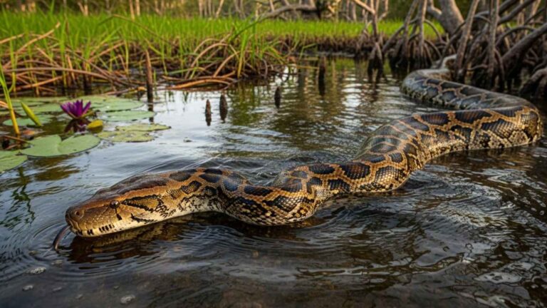 Pitón birmana desplazándose por una zona húmeda de Florida