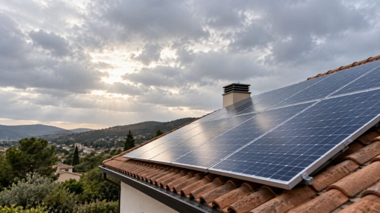 Placas solares instaladas en el tejado de una vivienda durante un día nublado