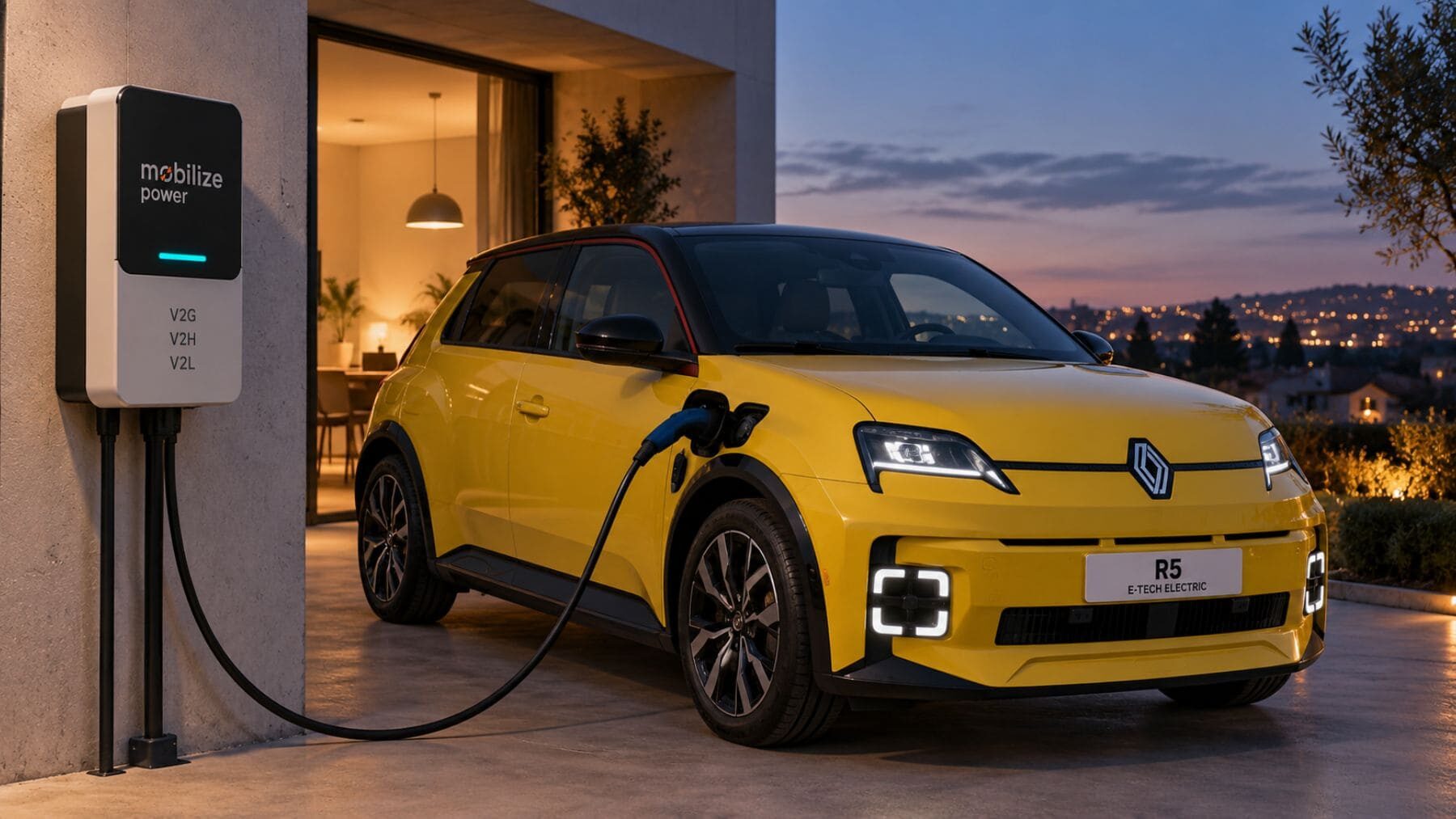 Renault 5 E-Tech conectado a un cargador bidireccional doméstico