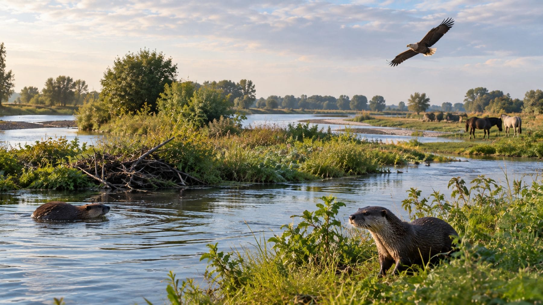 Nutria y castor en los humedales del Rin junto a caballos y un águila sobrevolando el paisaje