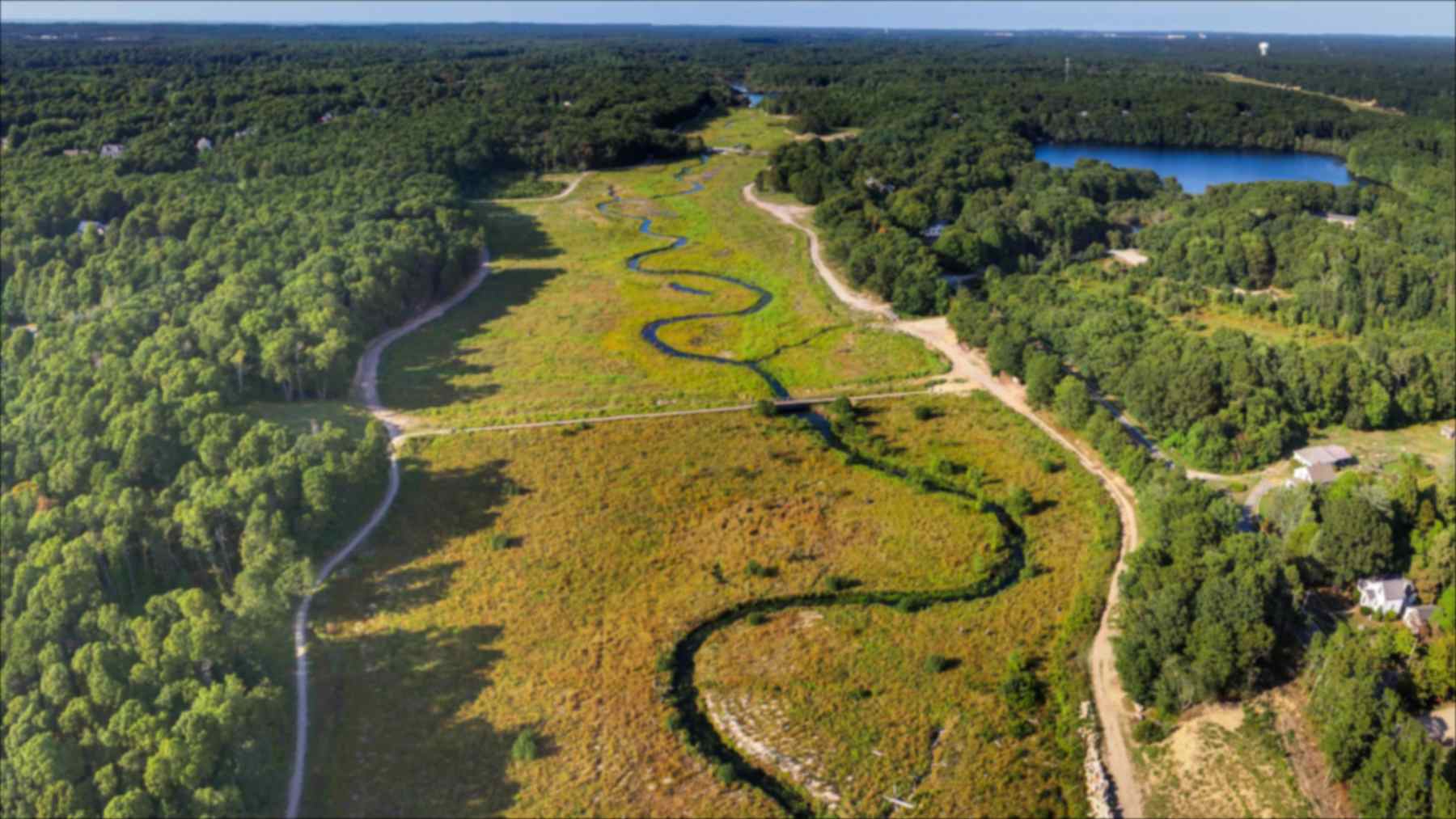 Vista aérea del río Coonamessett serpenteando entre humedales restaurados en Cape Cod