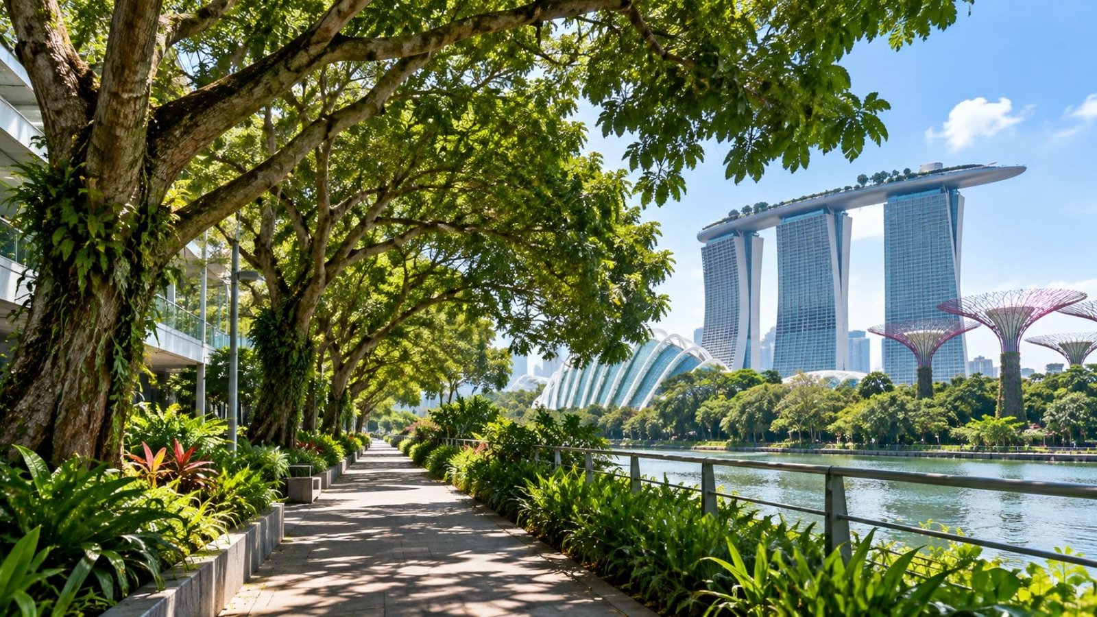 Paseo urbano de Singapur cubierto por la sombra de grandes árboles junto a Marina Bay