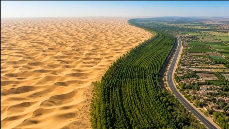 Franja de vegetación que avanza junto a dunas de arena en el desierto