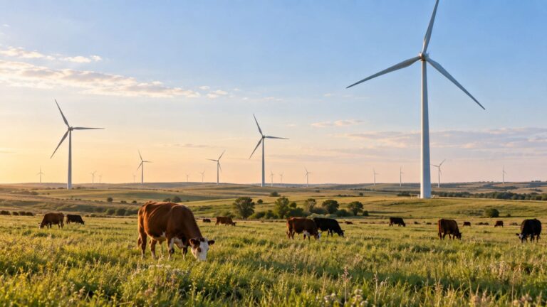 Vacas pastando en una extensa pradera de Kansas rodeadas de turbinas eólicas