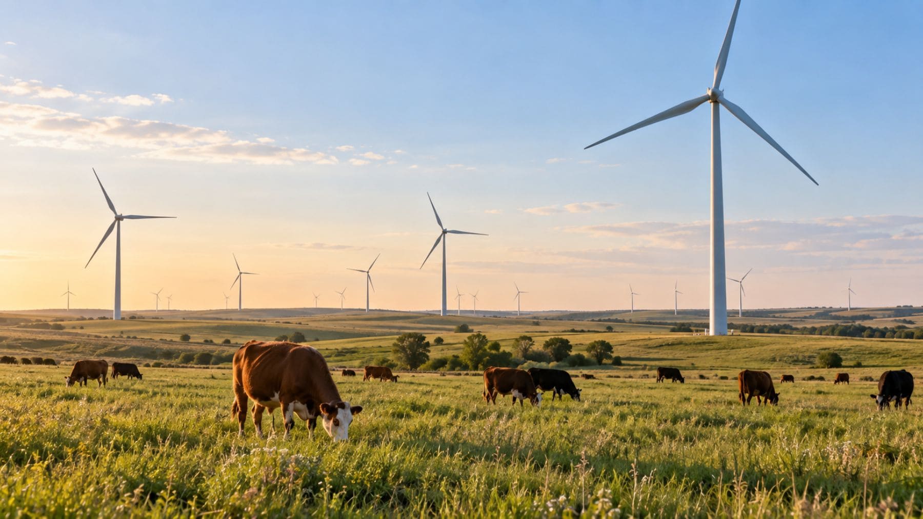 Vacas pastando en una extensa pradera de Kansas rodeadas de turbinas eólicas