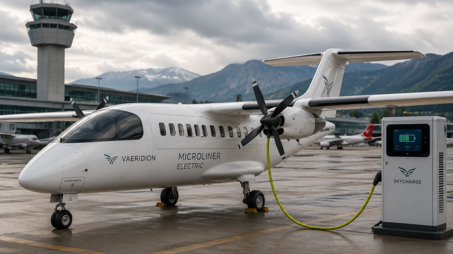Avión eléctrico regional conectado a un punto de carga en un aeropuerto europeo