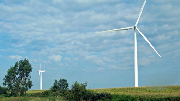 Aerogeneradores junto a campos de cultivo y árboles en Iowa drenajes rotos