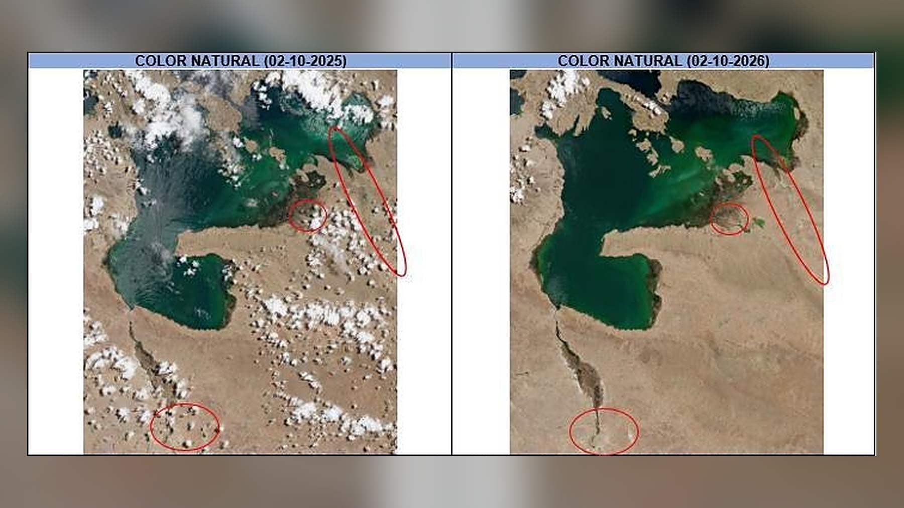 Imágenes Sentinel del lago Titicaca en su lago Menor el 2 de octubre de 2025 y el 2 de octubre de 2026, en color natural