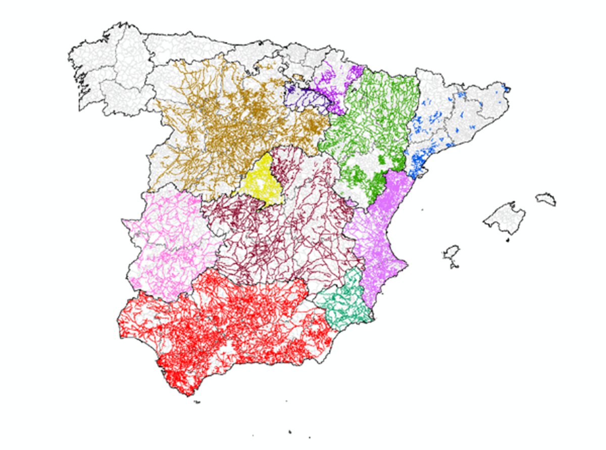 Mapa de España con las vías pecuarias de cada comunidad autónoma dibujadas en colores distintos