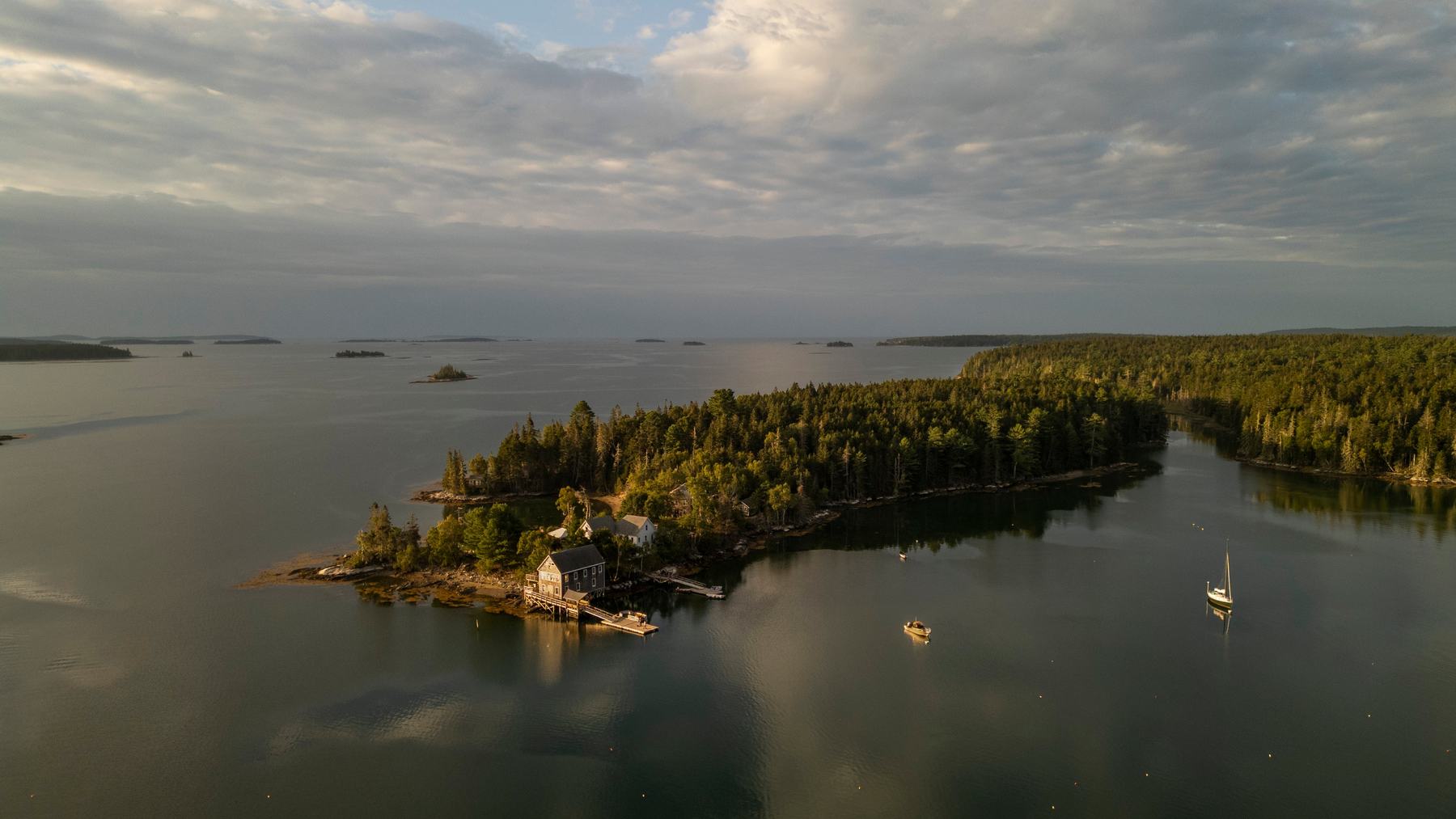Vista aérea de Hog Island, en la bahía de Muscongus (Maine), con el bosque de piceas y los edificios del campamento de Audubon