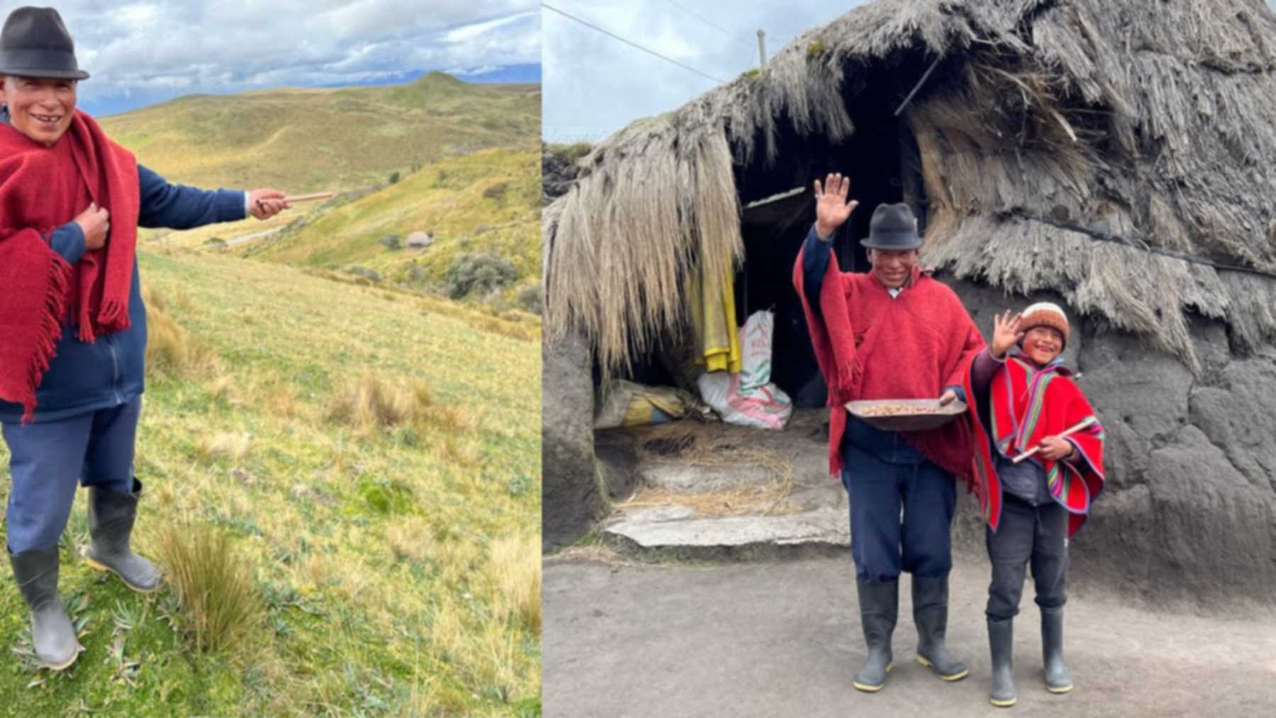 Juanito, pastor de los páramos de Ecuador, junto a su casa de paja y en el monte