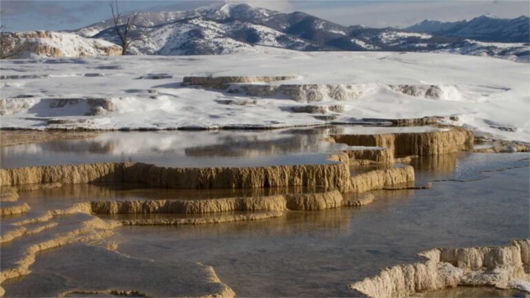 Terrazas de Mammoth Hot Springs, junto al pueblo de Mammoth donde se alojan trabajadores de Yellowstone