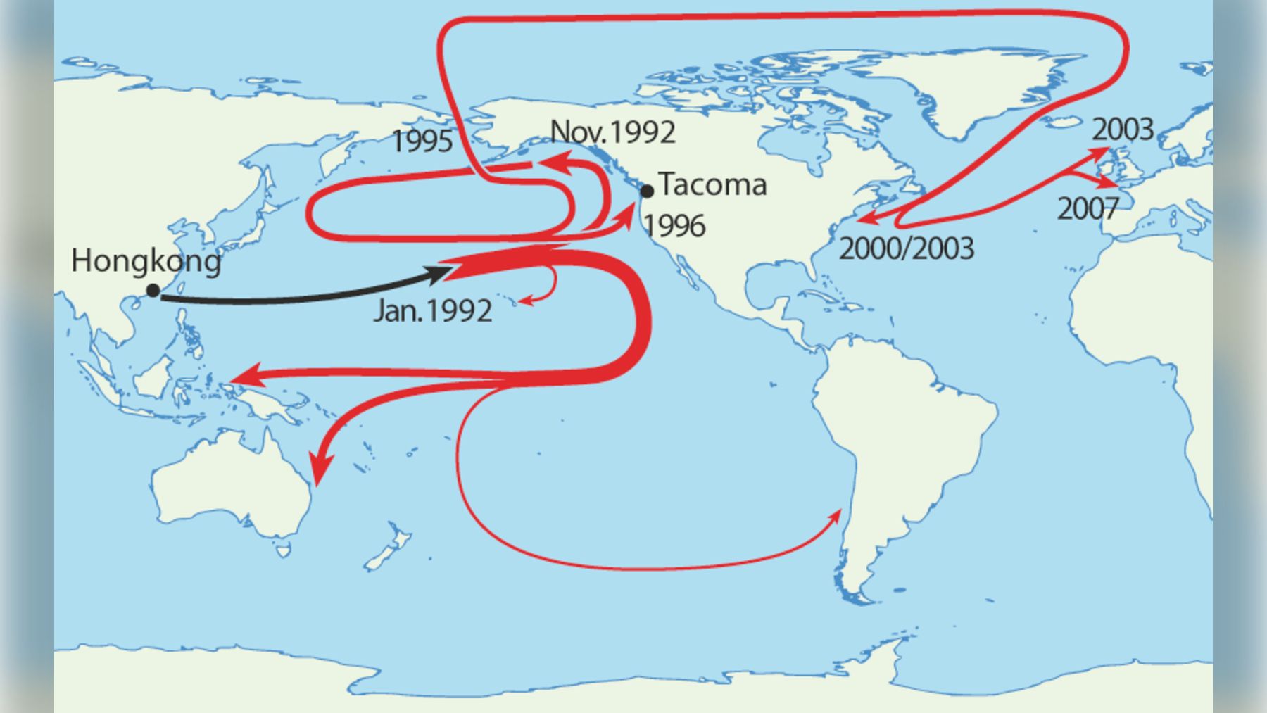Mapa con las rutas de deriva por el Pacífico Norte de los juguetes de plástico caídos al mar en 1992