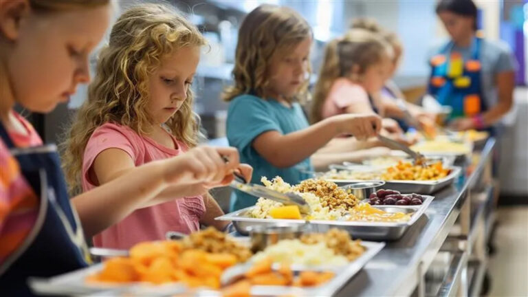 Menús escolares saludables con legumbres, ensalada, pan integral y fruta