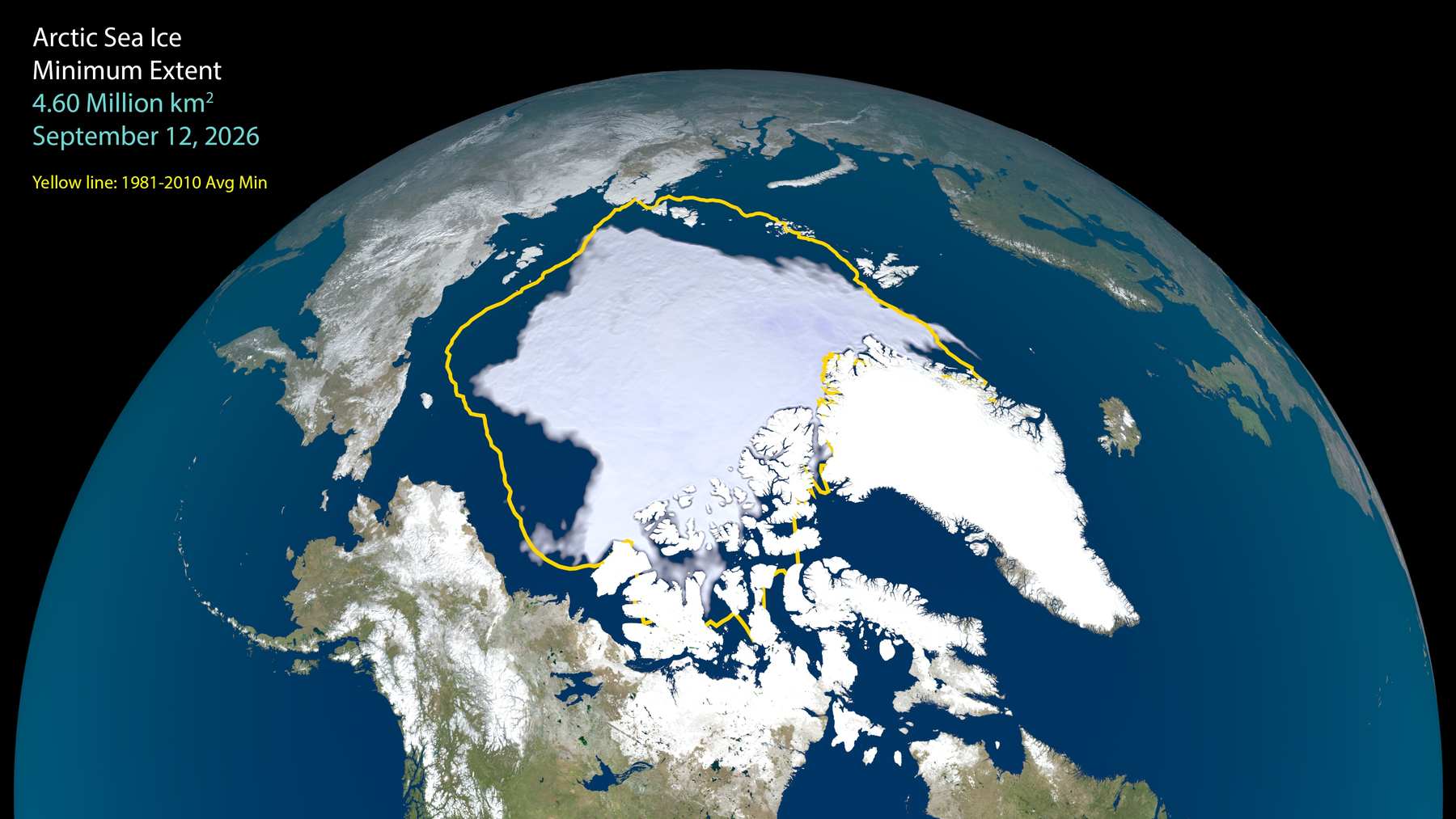 Hielo marino del Ártico en su mínimo del 12 de septiembre de 2026, con la línea amarilla de la media 1981-2010