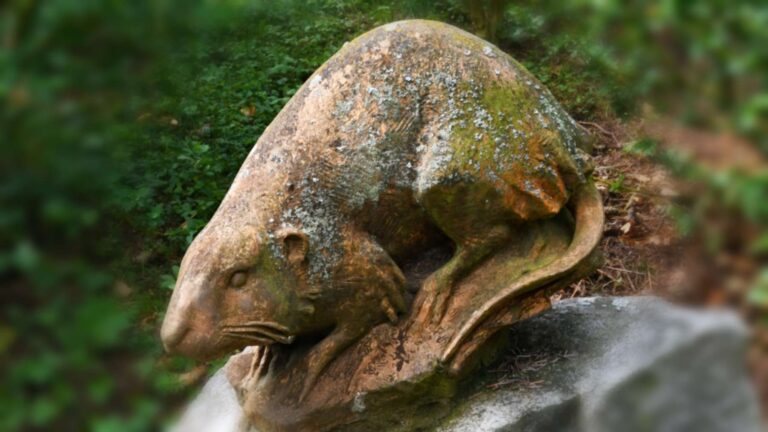Escultura de piedra de una rata almizclera en Dobříš, donde en 1905 se soltaron las primeras ratas almizcleras de Europa central