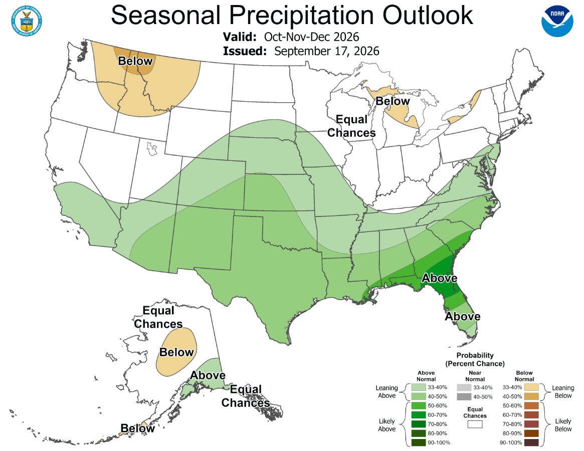 Mapa de la NOAA con el pronóstico de precipitación de octubre a diciembre de 2026 en Estados Unidos