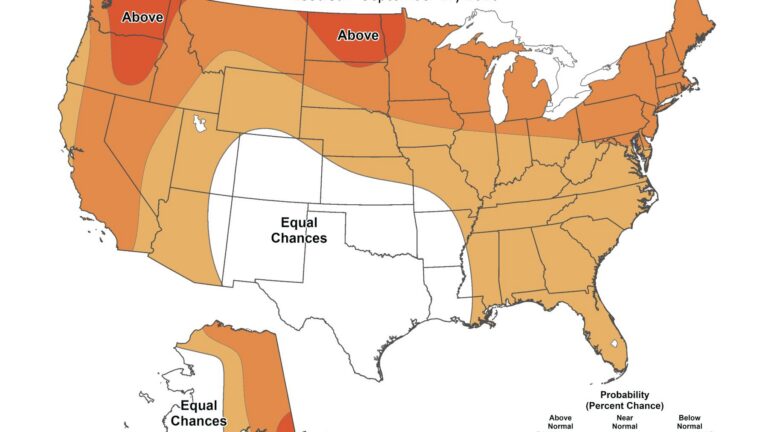 Mapa de la NOAA con el pronóstico de temperatura de octubre a diciembre de 2026 en Estados Unidos, con El Niño de fondo