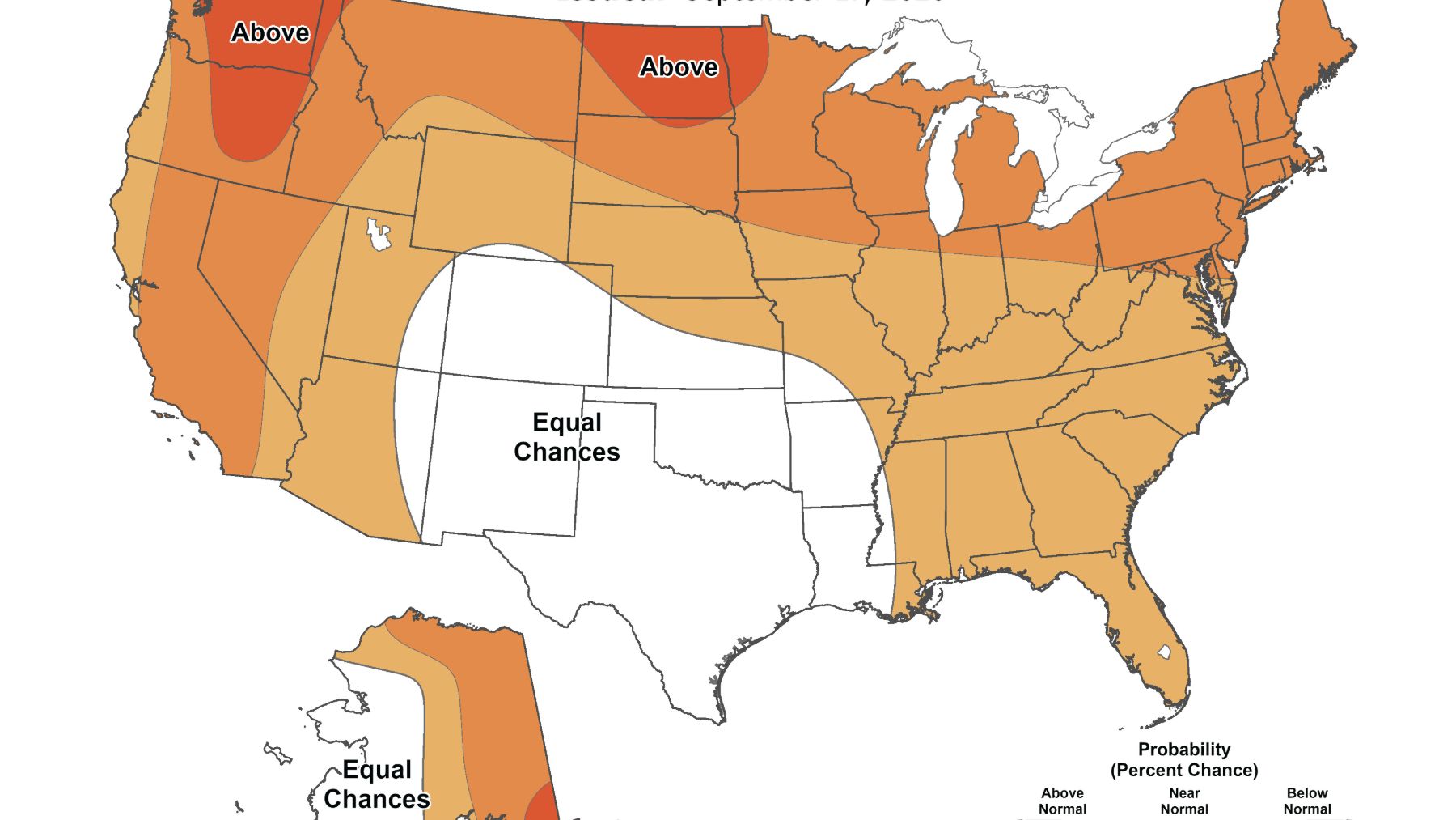 Mapa de la NOAA con el pronóstico de temperatura de octubre a diciembre de 2026 en Estados Unidos, con El Niño de fondo