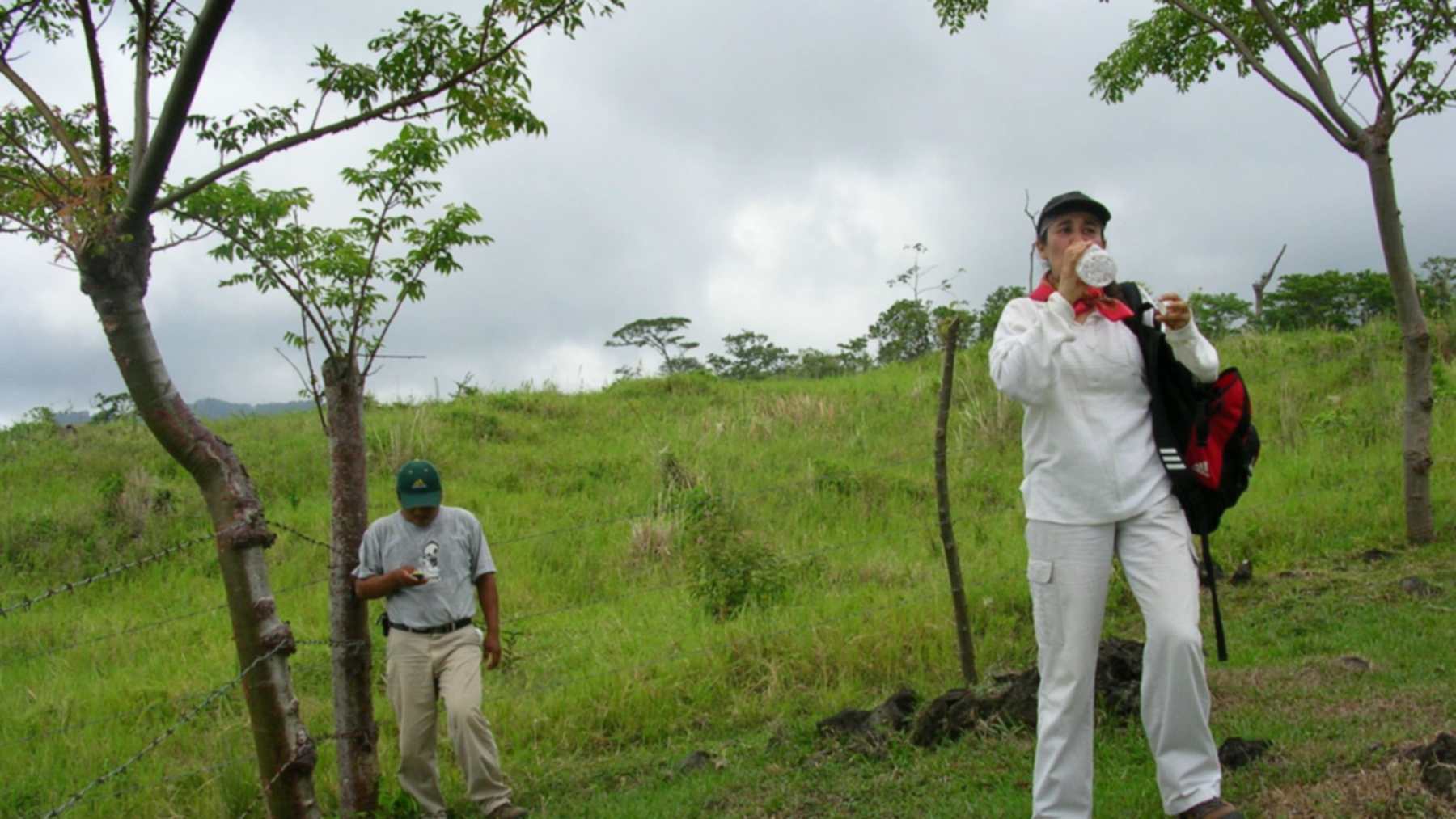 Investigadores junto a una cerca de alambre en un pastizal ganadero de Los Tuxtlas, Veracruz, en 2006