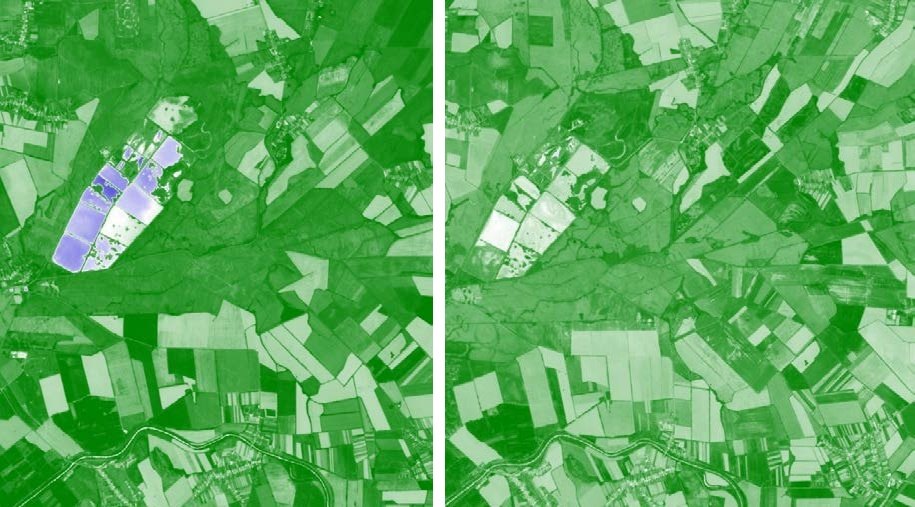 Imágenes del satélite Sentinel-2 de los estanques de Senianske rybníky en agosto de 2016 y agosto de 2026