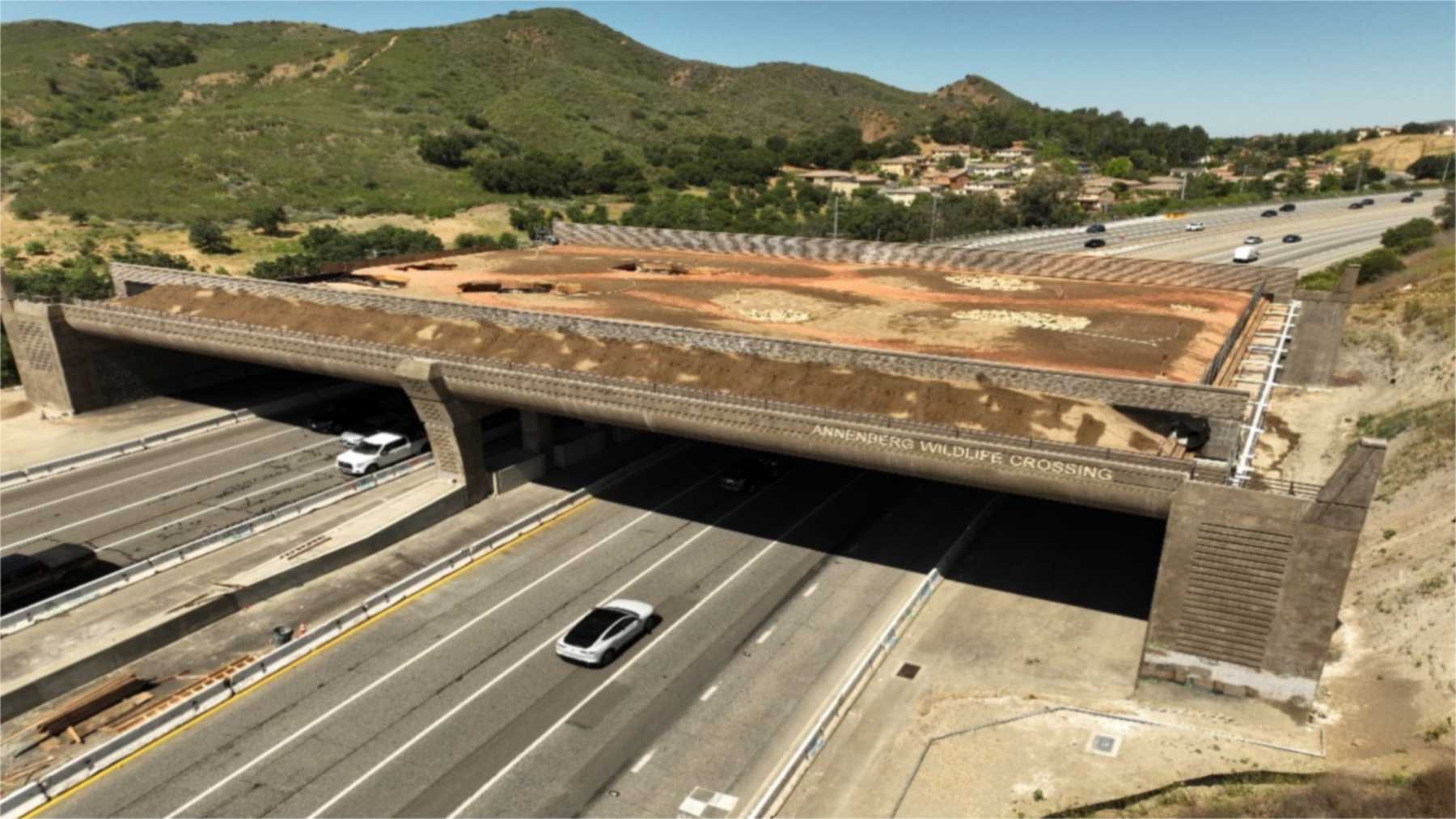Paso de fauna Wallis Annenberg en construcción sobre la autopista 101, en Agoura Hills